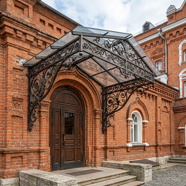 Кованый козырёк над входной дверью с стеклянными панелями