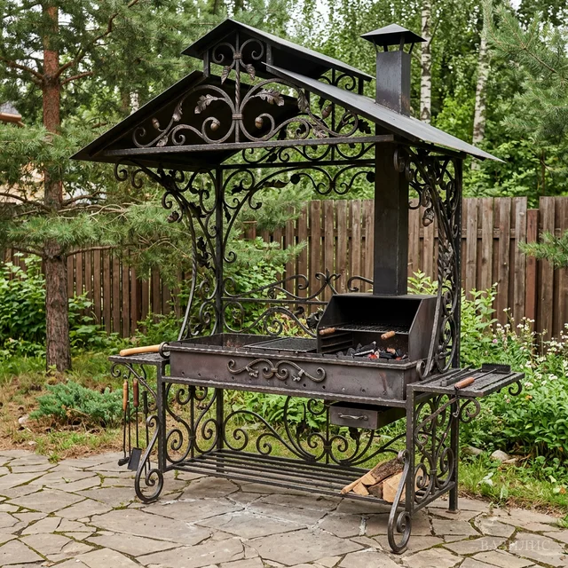 Кованый мангал с крышей и декоративными элементами