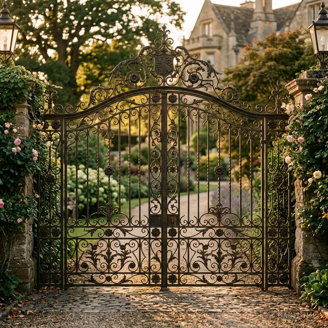 Кованые ворота с вензелями и цветочным орнаментом