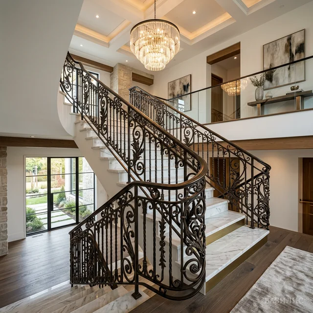 Кованые перила для лестницы с декоративными элементами